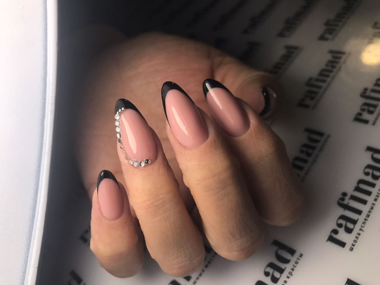 Black French & crystals nails by Daria